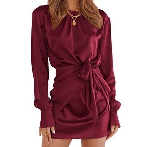 PRETTYGARDEN Women’s 2023 Spring Satin Long Sleeve Mini Dresses WINE RED  XL NWT